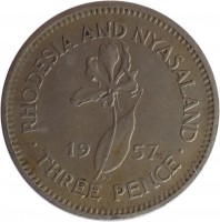 Rhodesia and Nyasaland coin 3 Pence - Elizabeth II - 1'st Portrait (1955 - 1964) reverse reverse of 3 Pence - Elizabeth II - 1'st Portrait (1955 - 1964) coin with KM# 3 from Rhodesia and Nyasaland. Inscription: RHODESIA AND NYASALAND 19 57 · THREE PENCE ·