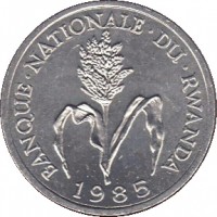 Rwanda coin 1 Franc (1974 - 1985) obverse obverse of 1 Franc (1974 - 1985) coin with KM# 12 from Rwanda. Inscription: BANQUE NATIONALE DU RWANDA 1985