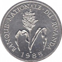 obverse of 1 Franc (1974 - 1985) coin with KM# 12 from Rwanda. Inscription: BANQUE NATIONALE DU RWANDA 1985