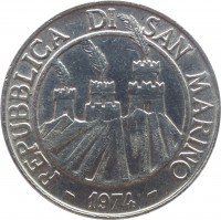 obverse of 10 Lire - FAO: Honeybee (1974) coin with KM# 33 from San Marino. Inscription: REPUBBLICA DI SAN MARINO 1974