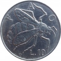 reverse of 10 Lire - FAO: Honeybee (1974) coin with KM# 33 from San Marino. Inscription: F A O L.10