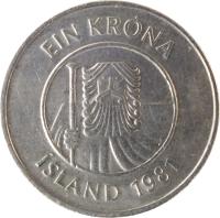 obverse of 1 Króna (1981 - 1987) coin with KM# 27 from Iceland. Inscription: EIN KRÓNA ÍSLAND 1981