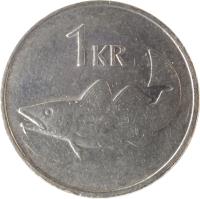 reverse of 1 Króna (1981 - 1987) coin with KM# 27 from Iceland. Inscription: 1 KR