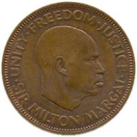 obverse of 1 Cent (1964) coin with KM# 17 from Sierra Leone. Inscription: .UNITY.FREEDOM.JUSTICE. SIR MILTON MARGAI