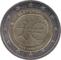 obverse of 2 Euro - 10 Years of EMU (2009) coin with KM# 103 from Slovakia. Inscription: SLOVENSKO HMÚ 1999-2009