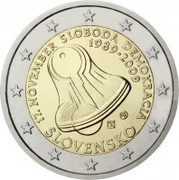 Slovakia coin 2 Euro - Freedom (2009) obverse obverse of 2 Euro - Freedom (2009) coin with KM# 107 from Slovakia. Inscription: 17 NOVEMBER SLOBODA - DEMOKRACIA 1989-2009 SLOVENSKO