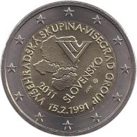 Slovakia coin 2 Euro - Visegrad Group (2011) obverse obverse of 2 Euro - Visegrad Group (2011) coin with KM# 114 from Slovakia. Inscription: VYŠEHRADSKÁ SKUPINA . VISEGRAD GROUP 15.2.1991 2011 SLOVENSKO