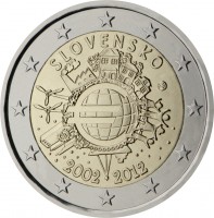 obverse of 2 Euro - 10 Years of Euro Cash (2012) coin with KM# 120 from Slovakia. Inscription: SLOVENSKO A.H. € 2002 2012