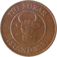 Iceland coin 10 Aurar (1981) obverse obverse of 10 Aurar (1981) coin with KM# 25 from Iceland. Inscription: TÍU AURAR ÍSLAND 1981