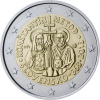 obverse of 2 Euro - Constantine and Methodius (2013) coin with KM# 128 from Slovakia. Inscription: KONŠTANTÍN METOD rrh MK · SLOVENSKO · 863 · 2013 ·