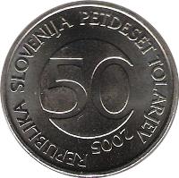 obverse of 50 Tolarjev (2003 - 2006) coin with KM# 52 from Slovenia. Inscription: REPUBLIKA SLOVENIJA PETDESET TOLARJEV 50 2003
