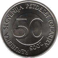 Slovenia coin 50 Tolarjev (2003 - 2006) obverse obverse of 50 Tolarjev (2003 - 2006) coin with KM# 52 from Slovenia. Inscription: REPUBLIKA SLOVENIJA PETDESET TOLARJEV 50 2003