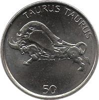 reverse of 50 Tolarjev (2003 - 2006) coin with KM# 52 from Slovenia. Inscription: TAURUS TAURUS 50