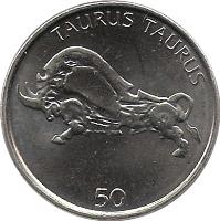 Slovenia coin 50 Tolarjev (2003 - 2006) reverse reverse of 50 Tolarjev (2003 - 2006) coin with KM# 52 from Slovenia. Inscription: TAURUS TAURUS 50