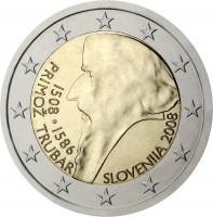 obverse of 2 Euro - Primož Trubar (2008) coin with KM# 80 from Slovenia. Inscription: SLOVENIJA 2008 1508 · 1586 PRIMOŽ TRUBAR