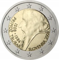 Slovenia coin 2 Euro - Primož Trubar (2008) obverse obverse of 2 Euro - Primož Trubar (2008) coin with KM# 80 from Slovenia. Inscription: SLOVENIJA 2008 1508 · 1586 PRIMOŽ TRUBAR