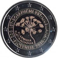 Slovenia coin 2 Euro - Ljubljana Botanical Garden (2010) obverse obverse of 2 Euro - Ljubljana Botanical Garden (2010) coin with KM# 94 from Slovenia. Inscription: 200 LET · BOTANICNI VRT · LJUBLJANA HLADNIKIA PASTINACIFOLIA SLOVENIJA 2010 ·