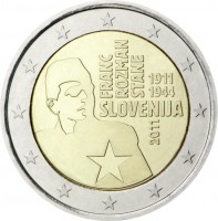 obverse of 2 Euro - Franc Rozman-Stane (2011) coin with KM# 100 from Slovenia. Inscription: FRANC ROZMANE STANE 1911 1944 SLOVENIJA 2011