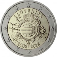 Slovenia coin 2 Euro - 10 Years of Euro Cash (2012) obverse obverse of 2 Euro - 10 Years of Euro Cash (2012) coin with KM# 107 from Slovenia. Inscription: SLOVENIJA A.H. € 2002 2012