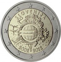 obverse of 2 Euro - 10 Years of Euro Cash (2012) coin with KM# 107 from Slovenia. Inscription: SLOVENIJA A.H. € 2002 2012