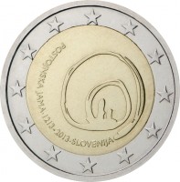 obverse of 2 Euro - 800th Anniversary of Postojna Cave Discovery (2013) coin with KM# 112 from Slovenia. Inscription: POSTOJNSKA JAMA · 1213-2013 · SLOVENIJA