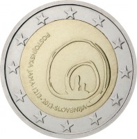 Slovenia coin 2 Euro - 800th Anniversary of Postojna Cave Discovery (2013) obverse obverse of 2 Euro - 800th Anniversary of Postojna Cave Discovery (2013) coin with KM# 112 from Slovenia. Inscription: POSTOJNSKA JAMA · 1213-2013 · SLOVENIJA