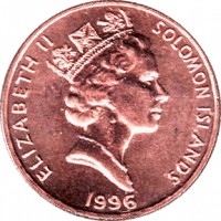 obverse of 1 Cent - Elizabeth II - 3'rd Portrait (1987 - 2010) coin with KM# 24 from Solomon Islands. Inscription: ELIZABETH II SOLOMON ISLANDS 1996