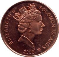 Solomon Islands coin 2 Cents - Elizabeth II - 3'rd Portrait; Magnetic (1987 - 2006) obverse obverse of 2 Cents - Elizabeth II - 3'rd Portrait; Magnetic (1987 - 2006) coin with KM# 25 from Solomon Islands. Inscription: ELIZABETH II SOLOMON ISLANDS 2005