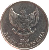 obverse of 500 Rupiah (2003 - 2008) coin with KM# 67 from Indonesia. Inscription: BHINNEKA TUNGGAL IKA BANK INDONESIA 2003