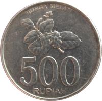 Indonesia coin 500 Rupiah (2003 - 2008) reverse reverse of 500 Rupiah (2003 - 2008) coin with KM# 67 from Indonesia. Inscription: BUNGA MELATI 500 RUPIAH