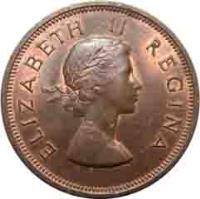 obverse of 1 Penny - Elizabeth II - 1'st Portrait (1953 - 1960) coin with KM# 46 from South Africa. Inscription: ELIZABETH II REGINA