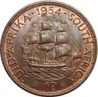 South Africa coin 1 Penny - Elizabeth II - 1'st Portrait (1953 - 1960) reverse reverse of 1 Penny - Elizabeth II - 1'st Portrait (1953 - 1960) coin with KM# 46 from South Africa. Inscription: SUID-AFRIKA · 1959 · SOUTH AFRICA 1D. KG