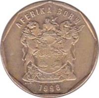 obverse of 20 Cents - AFERIKA BORWA (1996 - 2000) coin with KM# 162 from South Africa. Inscription: AFERIKA BORWA 1999 ALS