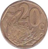 reverse of 20 Cents - AFERIKA BORWA (1996 - 2000) coin with KM# 162 from South Africa. Inscription: 20c SE