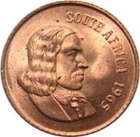 obverse of 2 Cents - SOUTH AFRICA (1965 - 1969) coin with KM# 66.1 from South Africa. Inscription: SOUTH AFRICA 1965 T.S.