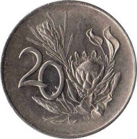 South Africa coin 20 Cents - SOUTH AFRICA (1965 - 1969) reverse reverse of 20 Cents - SOUTH AFRICA (1965 - 1969) coin with KM# 69.1 from South Africa. Inscription: 20 T.S.