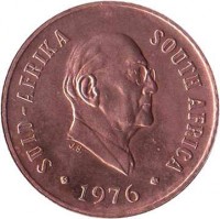 obverse of 1 Cent - Jacobus Johannes Fouché (1976) coin with KM# 91 from South Africa. Inscription: SUID-AFRIKA SOUTH AFRICA · 1976 ·