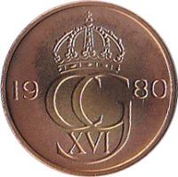 Sweden coin 5 Öre - Carl XVI Gustaf (1976 - 1981) obverse obverse of 5 Öre - Carl XVI Gustaf (1976 - 1981) coin with KM# 849 from Sweden. Inscription: 19 CG 80 XVI