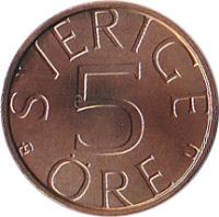 reverse of 5 Öre - Carl XVI Gustaf (1976 - 1981) coin with KM# 849 from Sweden. Inscription: SVERIGE 5 ÖRE U