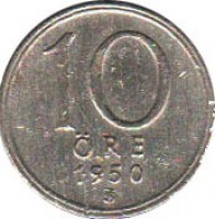Sweden coin 10 Öre - Gustaf V (1942 - 1950) reverse reverse of 10 Öre - Gustaf V (1942 - 1950) coin with KM# 813 from Sweden. Inscription: 10 ÖRE 1950
