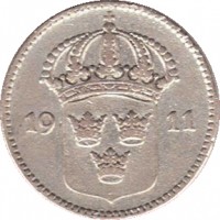 obverse of 10 Öre - Gustaf V (1909 - 1942) coin with KM# 780 from Sweden. Inscription: 19 11