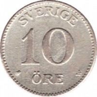 reverse of 10 Öre - Gustaf V (1909 - 1942) coin with KM# 780 from Sweden. Inscription: SVERIGE 10 ÖRE