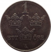 Sweden coin 1 Öre - Gustaf V (1942 - 1950) reverse reverse of 1 Öre - Gustaf V (1942 - 1950) coin with KM# 810 from Sweden. Inscription: 1 ETT ÖRE