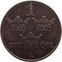 reverse of 1 Öre - Gustaf V (1942 - 1950) coin with KM# 810 from Sweden. Inscription: 1 ETT ÖRE