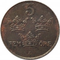 reverse of 5 Öre - Gustaf V (1942 - 1950) coin with KM# 812 from Sweden. Inscription: 5 FEM ÖRE A