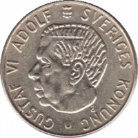 obverse of 1 Krona - Gustaf VI Adolf (1952 - 1968) coin with KM# 826 from Sweden. Inscription: GUSTAF VI ADOLF SVERIGES KONUNG Ö