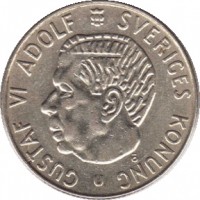 Sweden coin 1 Krona - Gustaf VI Adolf (1952 - 1968) obverse obverse of 1 Krona - Gustaf VI Adolf (1952 - 1968) coin with KM# 826 from Sweden. Inscription: GUSTAF VI ADOLF SVERIGES KONUNG Ö