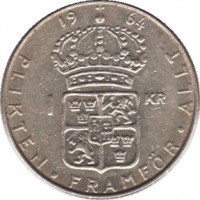 reverse of 1 Krona - Gustaf VI Adolf (1952 - 1968) coin with KM# 826 from Sweden. Inscription: 19 64 1 KR PLIKTEN · FRAMFÖR · ALLT
