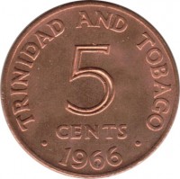 Trinidad and Tobago coin 5 Cents - Elizabeth II (1966 - 1972) reverse reverse of 5 Cents - Elizabeth II (1966 - 1972) coin with KM# 2 from Trinidad and Tobago. Inscription: TRINIDAD AND TOBAGO 5 CENTS . 1966 .