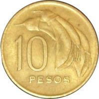 Uruguay coin 10 Pesos (1968) reverse reverse of 10 Pesos (1968) coin with KM# 51 from Uruguay. Inscription: 10 PESOS